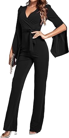 Photo 1 of LYANER Women's Split Long Sleeve Wrap Deep V Neck Tie Waist Jumpsuit Long Pants Romper