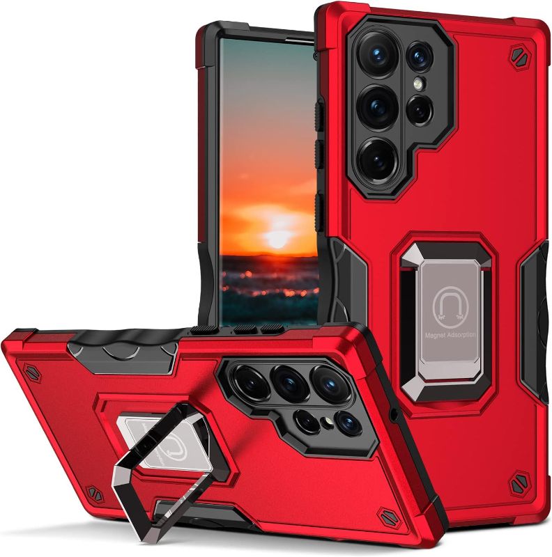 Photo 1 of Samsung Galaxy S23 Ultra 5G Case, Heavy Duty Rugged Double Layer with Ring Holder Fine Hole Cover, Compatible with Samsung Galaxy S23 Ultra 5G Red