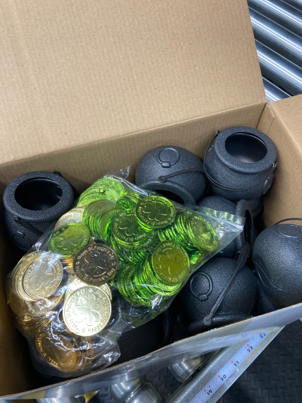 Photo 2 of 226 Pcs St. Patrick's Day Decorations, 26 Mini Cauldron Kettles with Handle, Small Black Plastic Cauldron Candy Leprechaun Beard and 200 Irish Festival Plastic Coins Lucky Shamrock Green Gold Coins