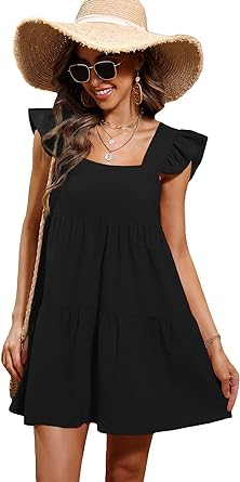 Photo 1 of Floerns Women's Summer Square Neck Ruffle Cap Sleeve Smocked Tiered Mini Dress SIZE SMALL