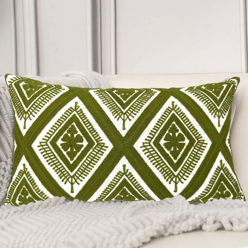 Photo 1 of ***** PACK OF 2 *****Embroidered Lumbar Decorative Throw Pillow Cover 12"x 20", Classic Boho Geometric Embroidery Pattern Cotton Rectangular Cushion Case for Sofa Couch Living Room Bedroom(Olive Green) Diamond - Olive Green 20" x 12"