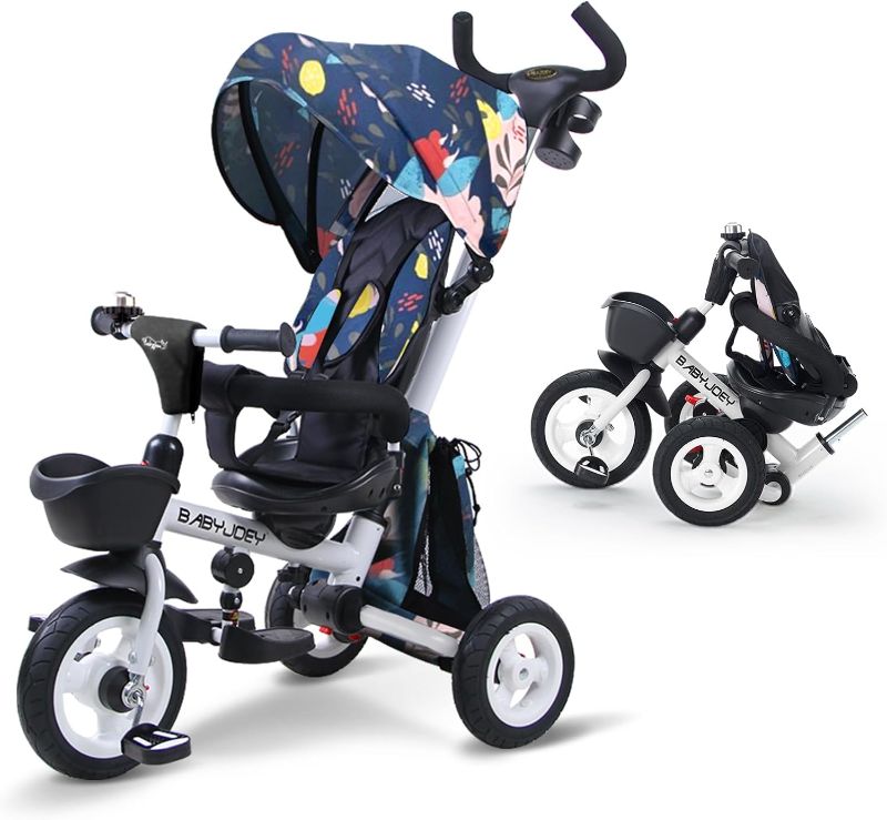 Photo 1 of BABYJOEY Baby Tricycle, 6 in 1 Folding Steer Toddler Trike?with Adjustable Parent Handle?Removable Canopy, Safety Harness, Wheel Brakes?Storage, Cup Holder, Trike for 1-5 Years.
