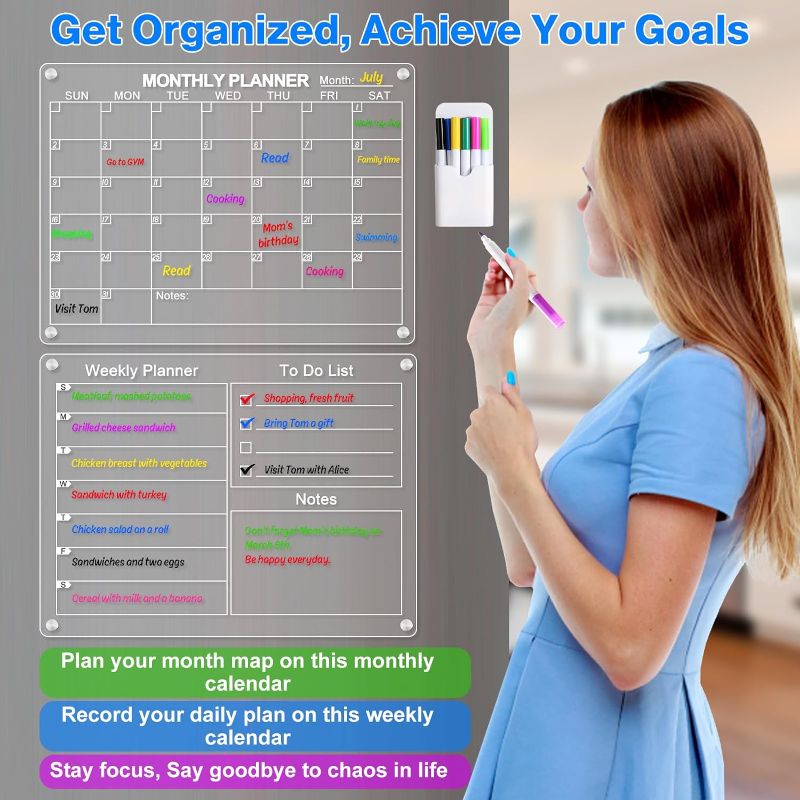 Photo 1 of Acrylic Magnetic Monthly and Weekly Calendar for Fridge, Reusable Clear 2 Set Dry Erase Menu Planner for Kitchen, 16"x12" Whiteboard Planner with 8 Markers Holder
