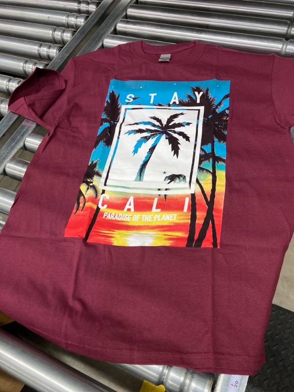 Photo 2 of ShirtBANC Stay Cali Palm Trees Mens Shirt Paradise of The Planet State Bear Tee Large Stay Cali Burgundy