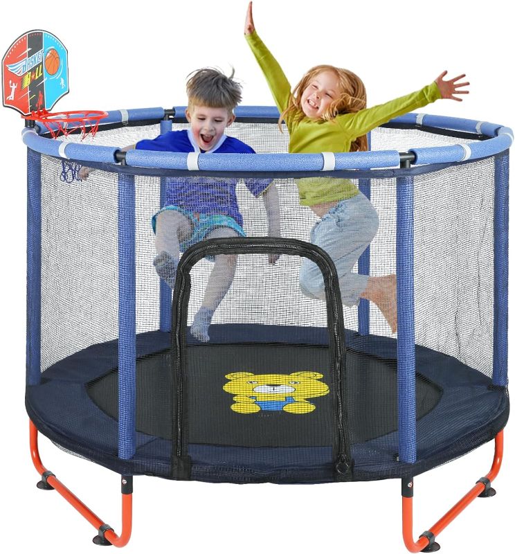 Photo 1 of 60" Trampoline for Kids, 5FT Indoor Outdoor Trampoline with Enclosure Net, Mini Baby Toddler Trampoline with Basketball Hoop, Recreational Trampolines Birthday Gifts for Children. blue
