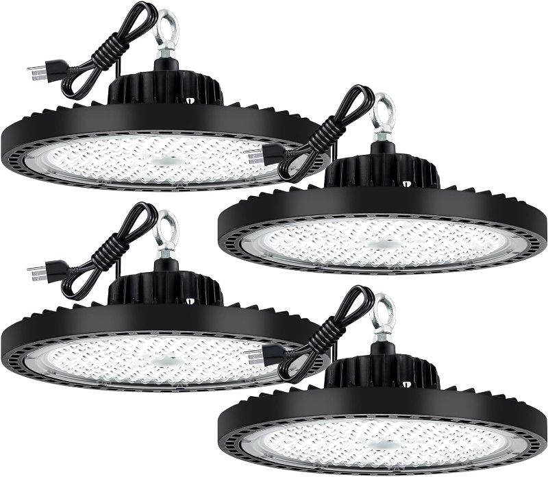 Photo 1 of EVBFORU 4 Pack UFO LED High Bay Light 150W, High Bay LED Lights 21,000LM (160LM/W), 5000K LED Shop Light with IP66 Commercial Warehouse Area Light for Wet Location Area, Workshop, Garage
