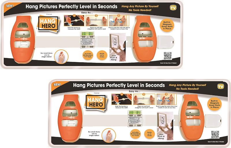 Photo 1 of (2) Pack - Hang Hero - All in One Picture Hanging System! Measures, Levels and Inserts Nails at Perfect Depth and Angle. Incl (2) Hang Hero Units and (50) #17 Brad Nails! 2 Pack