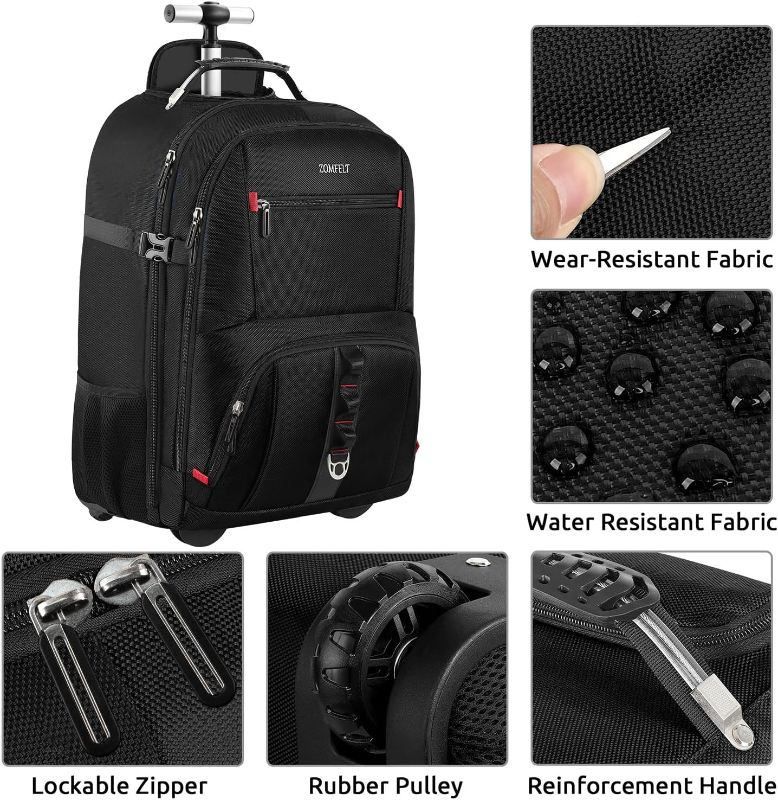 Photo 1 of ZOMFELT Rolling Backpack, Travel Backpack with Wheels, Carry on Backpack , 17.3 Inch Wheeled Laptop Backpack for Men Women Adults to Travel Work Business Black
