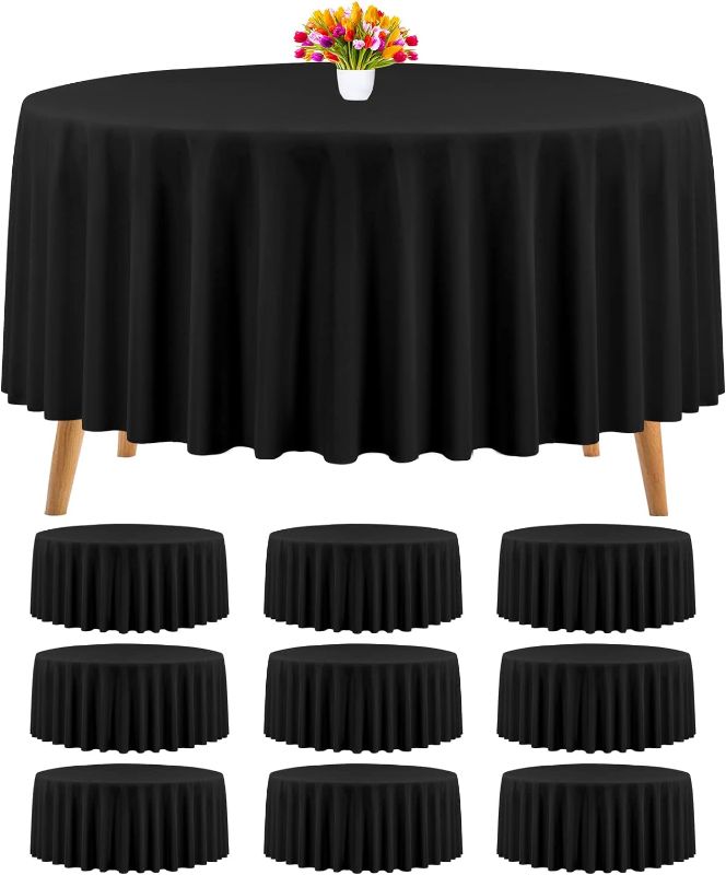 Photo 1 of 12 Packs Round Tablecloth Bulk Washable Polyester Fabric Tablecloths 108 Inch Black Round Polyester Table Cloth Table Cover for Wedding Party Banquet Buffet Table Dinner (Black, 108 Inch)
