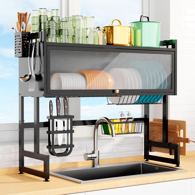 Photo 3 of Over The Sink Dish Drying Rack, 2 Tier Over The Sink Dish Drainer Drying Rack, Space-Saving Dish Drainers Organizer for Kitchen Counter Storage, Sink Shlef Black, Fit?35.8" Sink