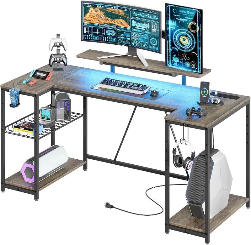 Photo 1 of Bestier U Shaped Computer Desk with Power Outlets & Monitor Stand, 63 inch Gaming Desk with LED Lights & Storage Shelves, Corner Work Desk with Cup Holder & Hook for Home Office, Retro Grey Oak-Dark
