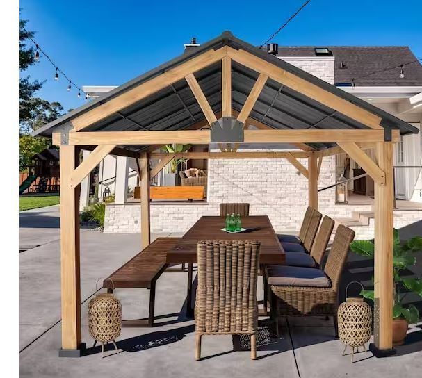 Photo 1 of 13 ft. x 11 ft. Cedar Wood Hardtop Outdoor Patio Gazebo with Galvanized Steel Roof and Ceiling Hook