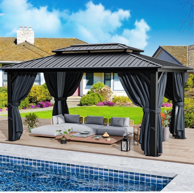 Photo 1 of HOTEEL 10x12 Hardtop Gazebo with Heavy Duty Galvanized Steel Double Roof, Aluminum Frame, Flame-Resistant Curtains and Netting, Outdoor Gazebo Permanent Gazebo for Backyard, Black