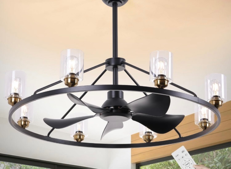 Photo 1 of 43.3 Inch Black Wagon Wheel Chandelier Fan with Glass Shade, 8 Lights, Modern Farmhouse Style, Ideal for Dining Room, Kitchen, Entryways, Height Adjustable, E26 Base Bulb-Not included