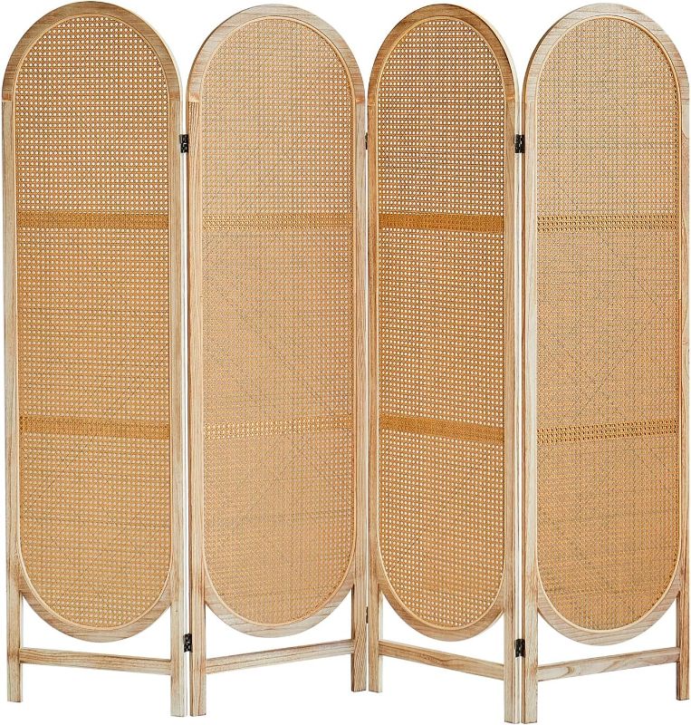 Photo 1 of 4 Panels Room Dividers, Foldable Wooden Room Dividers, Individual Privacy Screens Made of Hand-Woven Rattan, Portable Wall Dividers for Home Office Bedroom Bathroom Dressing Room (Light Brown)