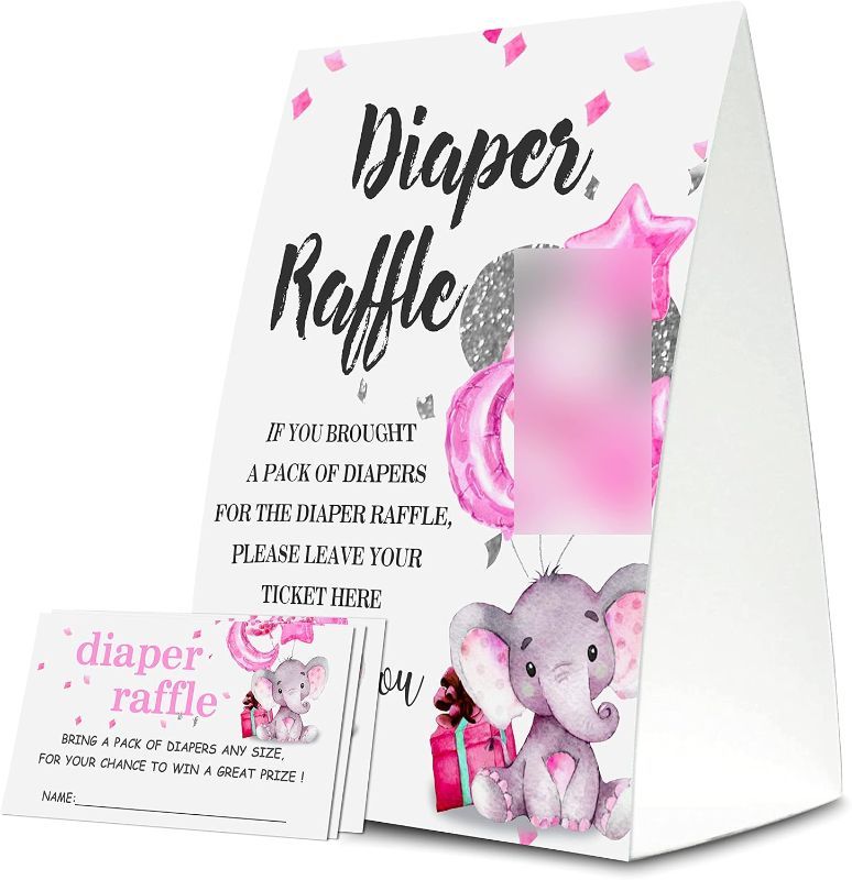 Photo 1 of Diaper Raffle Tickets For Baby Shower, Pink Elephant Themed Cards, Party Favors For Baby Showers Game Cards, 1 Sign & 50 Cards Per Pack – (bb007-niaobu)
