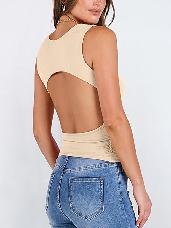 Photo 1 of ANRABESS Womens High Neck Tank Crop Tops Cutout Backless Sleeveless Sexy Going Out Slim Fitted Tee Shirt Y2K Summer Outfits White A1505dabai-M, Medium black 