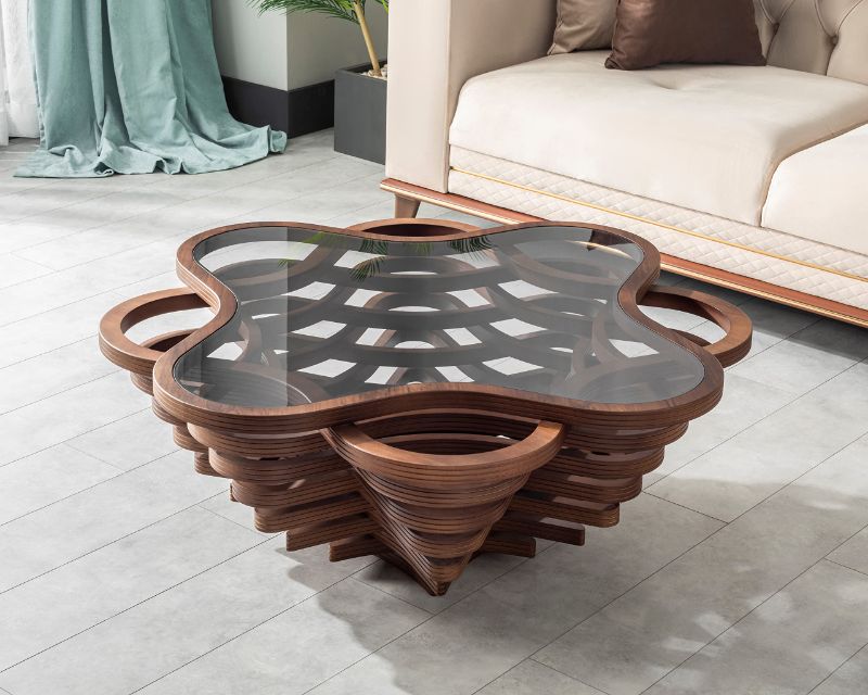 Photo 1 of by Papella Design, Natural Walnut Veener Coffee Tables for Living Room, Rustic Table, Mesa De Centro para Sala, Center Table, Glass Table top, Walnut Color, (Cloud)