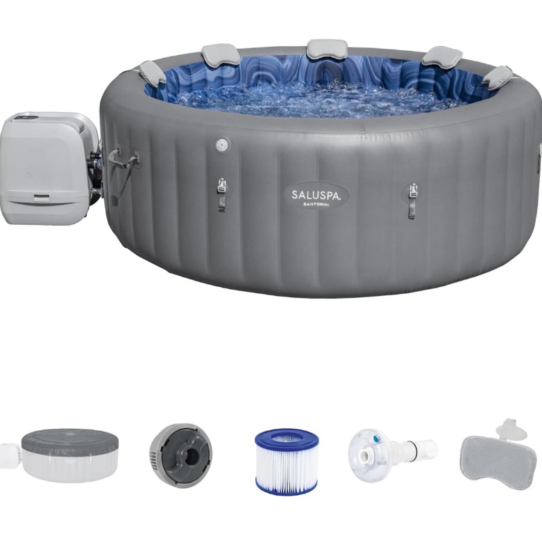 Photo 1 of Bestway SaluSpa Santorini HydroJet 5 to 7 Inflatable Hot TubRound Portable Outdoor Spa with 180 Soothing Jets and Cover, Gray