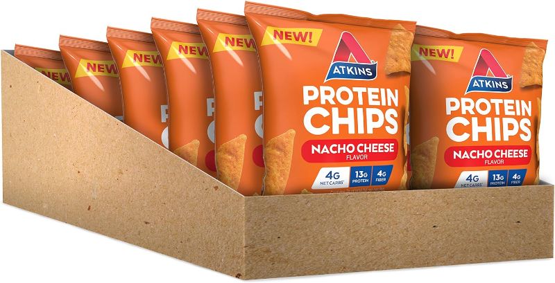 Photo 1 of Atkins Nacho Cheese Protein Chips, 4g Net Carbs, 13g Protein, Gluten Free, Low Glycemic, Keto Friendly, 12 Count
