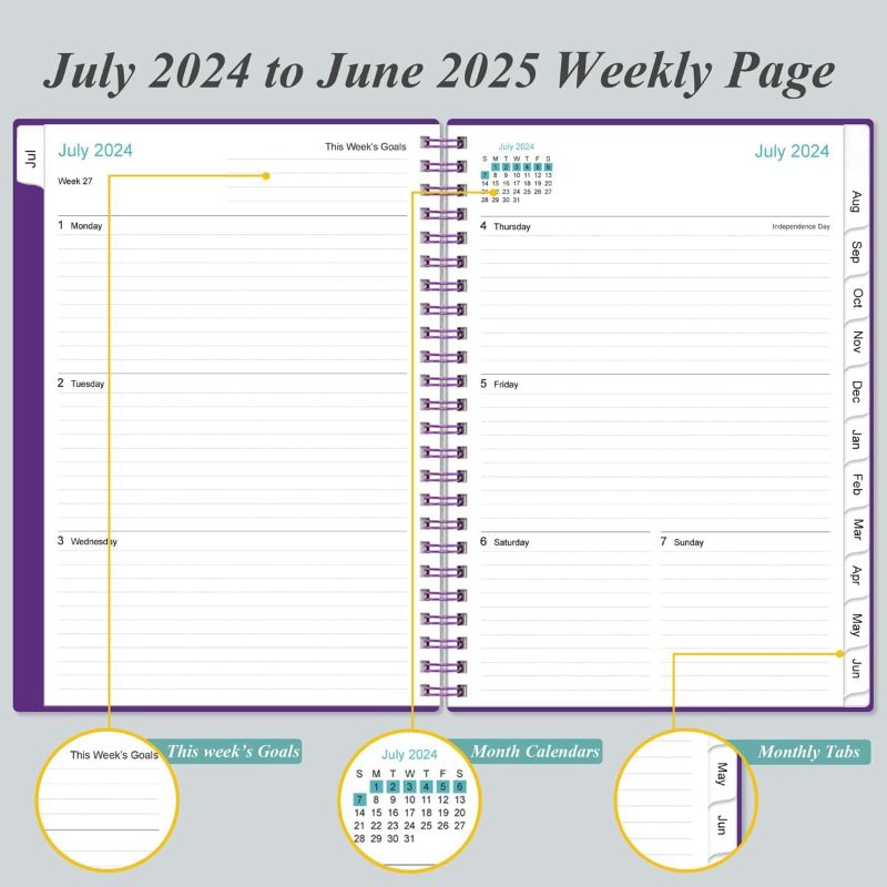 Photo 1 of 2024-2025 Planner - A5 Weekly & Monthly Planner Spiral Bound, July 2024 - June 2025, 6.4" x 8.5" with Flexible Cover, Tabs, Strong Twin-Wire Binding, Inner Pocket, Purple