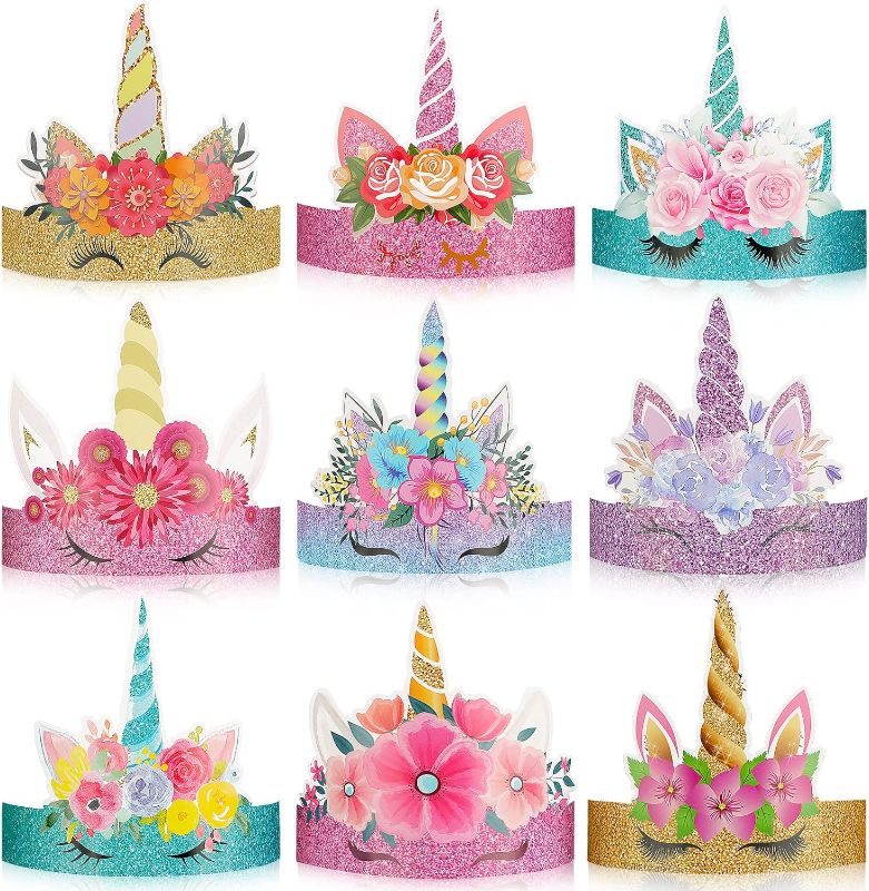 Photo 1 of 24 Pcs Unicorn Birthday Party Hats Unicorn Paper Party Crown Headbands for Girls Kids, Princess Dress up Unicorn Theme Decorations Favor Supplies Unicorn Party Headbands