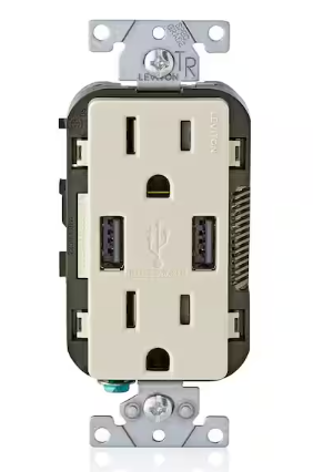 Photo 1 of 3.6A USB Dual Type A In-Wall Charger with 15 Amp Tamper-Resistant Outlets, Light Almond