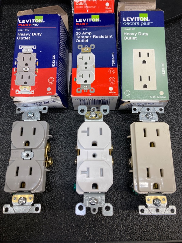 Photo 4 of 15 Amp Industrial Grade Narrow-Body Duplex Outlet, Gray | 20 Amp Residential Grade Self Grounding Tamper Resistant Duplex Outlet, White | Decora Plus 15 Amp Industrial Grade Duplex Outlet, Light Almond [Mixed Bundle]
