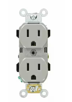 Photo 1 of 15 Amp Industrial Grade Narrow-Body Duplex Outlet, Gray | 20 Amp Residential Grade Self Grounding Tamper Resistant Duplex Outlet, White | Decora Plus 15 Amp Industrial Grade Duplex Outlet, Light Almond [Mixed Bundle]
