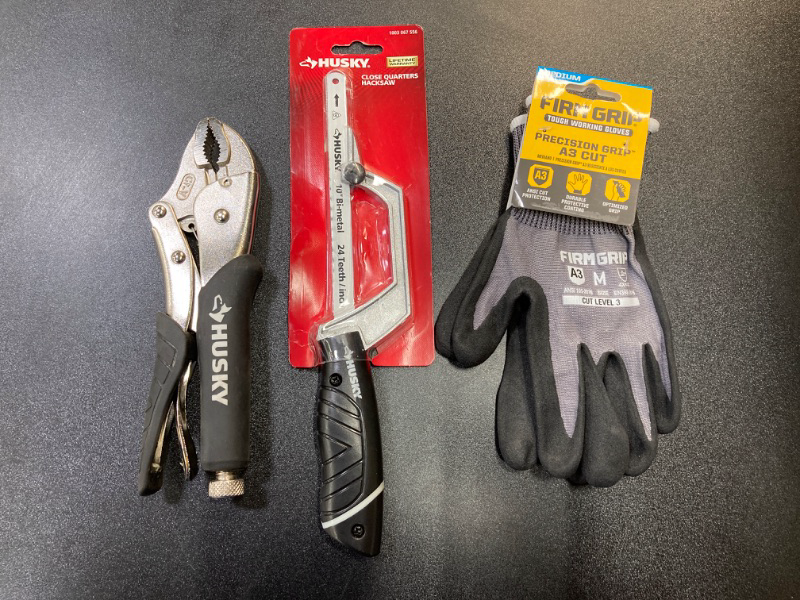 Photo 3 of *** SEE NOTES *** HUSKY 7 in. Curved Jaw Locking Pliers with Rubber Grip | 10 in. Close Quarters Hacksaw | FIRM GRIP Tough Working Gloves - Precision Grip A3 Cut - MEDIUM [Mixed Bundle]

