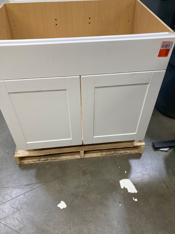 Photo 1 of ***MINOR DAMAGE, SEE NOTES*** Shaker 36 in. W x 24 in. D x 34.5 in. H Assembled Sink Base Kitchen Cabinet in Satin White