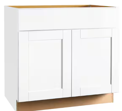 Photo 1 of ***MINOR DAMAGE, SEE NOTES*** Shaker 36 in. W x 24 in. D x 34.5 in. H Assembled Sink Base Kitchen Cabinet in Satin White