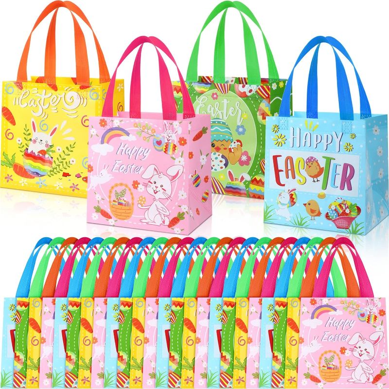 Photo 1 of 32 Pcs Easter Bags Large 8 x 8 x 6 Inch Easter Non Woven Bags with Handles Rabbit Bunny Reusable Easter Tote Bags for Easter Egg Hunt, Party Favor Supplies