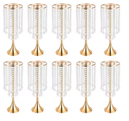 Photo 1 of 10-Pieces 21.9 in. Tall Wedding Centerpieces Flower Vases Gold Metal Crystal Decoration Flower Stand