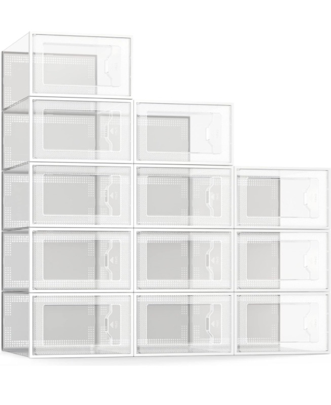 Photo 1 of SEE SPRING Large 12 Pack Shoe Storage Box, Clear Plastic Stackable Shoe Organizer for Closet, Space Saving Foldable Shoe Rack Sneaker Container Bin Holder