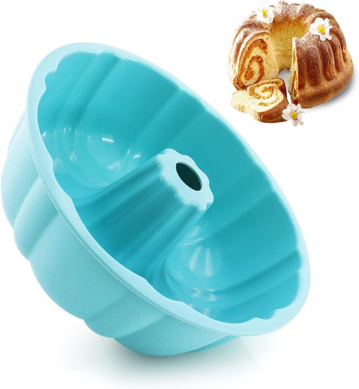 Photo 1 of 9.5 Inch Silicone Fluted Pans, Non-Stick Silicone Bundt Pan with Handle, Home Baking DIY Cake Mold for Cake, Chocolate, Jelly, Bread, Para Gelatinas (Blue,1pc./ 2 Pack)