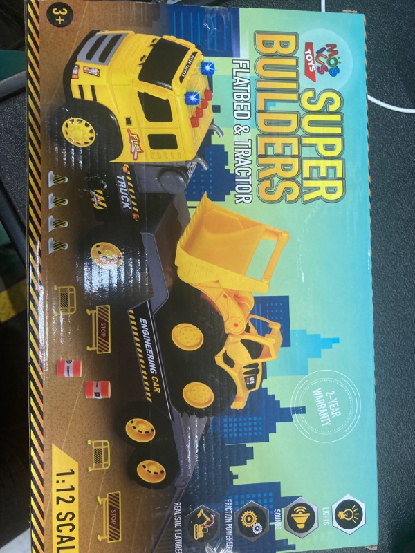 Photo 2 of MOBIUS Toys Flatbed Truck with Excavator Tractor Toy - 1:12 Scale, Push and Go Construction Vehicle Playset, Lights & Sounds for Kids, Toddlers, Boys, & Girls Ages 3 4 5 Years Old Flatbed Truck With Tractor