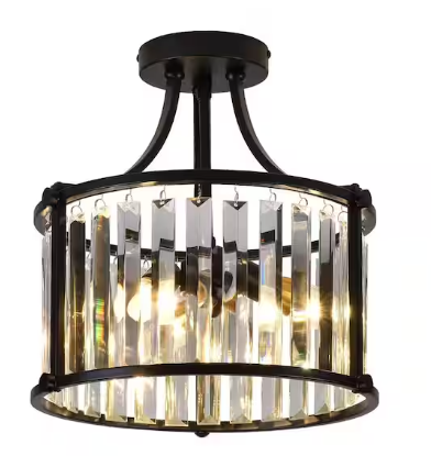 Photo 1 of 12.6 in. Modern Elegant 3-Light Black Semi-Flush Mount Ceiling Lamp with Crystal Shade
