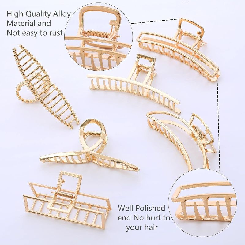 Photo 1 of 6 Pcs Metal Hair Claw Clips Mini Gold Hair Clamps Large Nonslip Hair Clips Banana Hair Styling Accessories Catch Hair Barrettes for Women, 2 Sizes