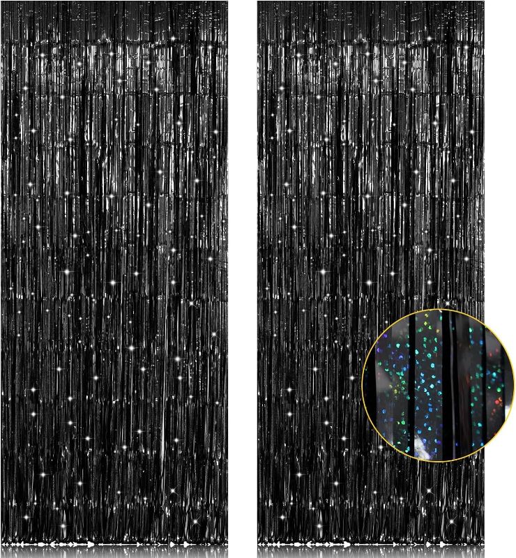 Photo 1 of 2 Pack 3.2ft x 8.2ft Black Tinsel Foil Fringe Curtain, Sparkle Metallic Foil Backdrop for Party Photo Booth Props New Years Eve Birthday Bridal Shower Bachelorette Holiday Decorations Supplies