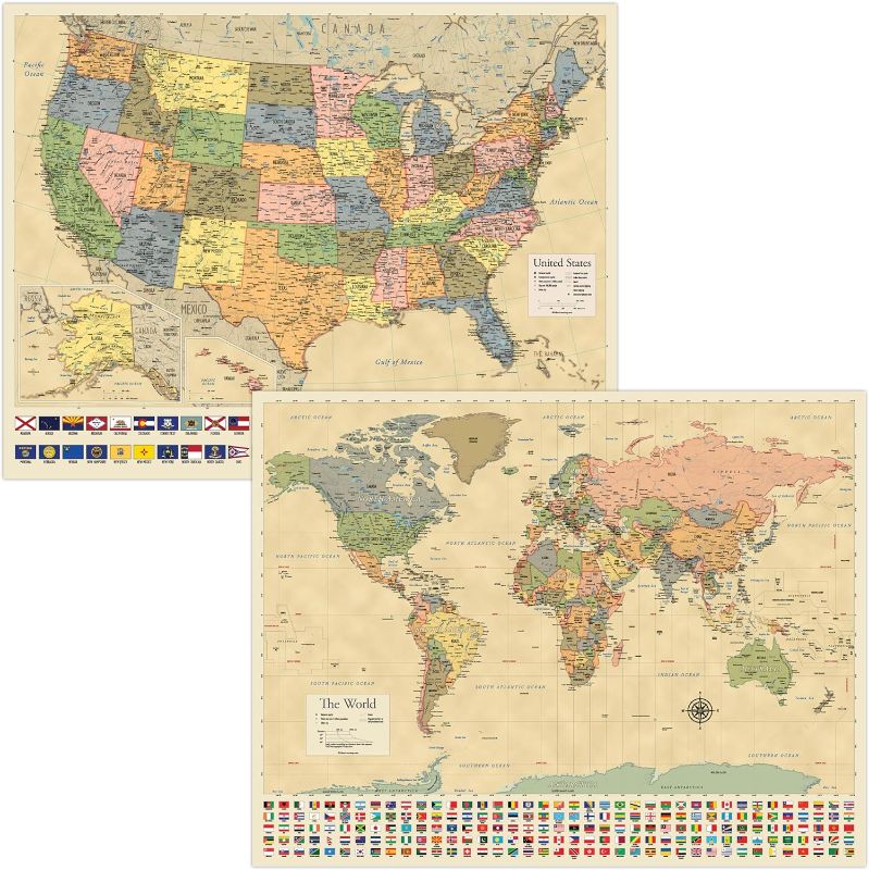 Photo 1 of 2 Pack - Giant World Map & US Map Poster Set - Extra Large Mega Chart of the World & United States - Laminated - 46" x 60" [Yellow]