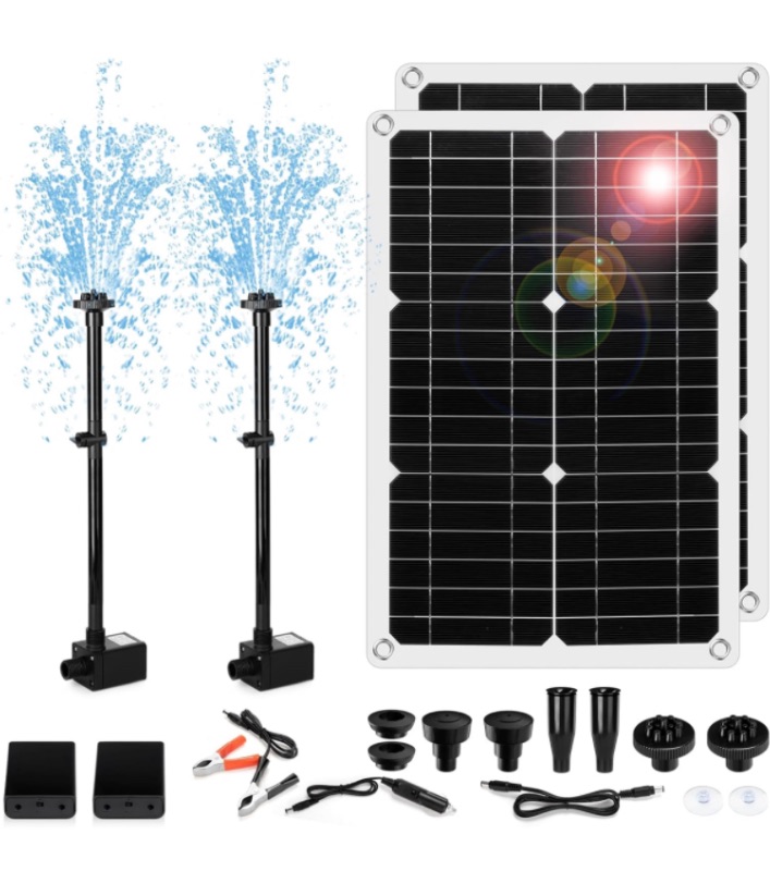 Photo 1 of 2 Set Solar Fountain Water Pump Kit with Battery Box 20 Watt Solar Panel and 410GPH Submersible Powered Pump Solar Pond Pump for Small Pond, Fish Pond, Garden Decoration, Pool, Birdbath