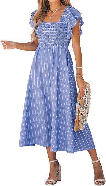 Photo 1 of CUPSHE Women's Square Neck Striped Smocked Dress Ruffled Cap Sleeves Dress A Line Maxi Formal Dress XLarge Blue Striped