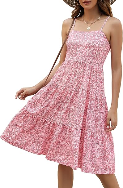 Photo 1 of **Same brand, different print, see next photo**Berydress Womens Summer Dresses Spaghetti Strap Tiered Midi Dress Wedding Guest Ruffle Cotton Black Casual Beach Sun Dress Small Pink