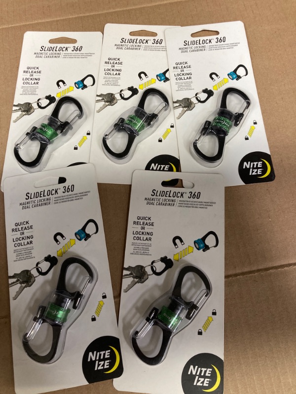 Photo 2 of ***5 PACK*** Nite Ize SlideLock 360° Magnetic Locking Dual Carabiner, Twist-to-Lock Collar for Separating Keys,unisex-adult, Olive