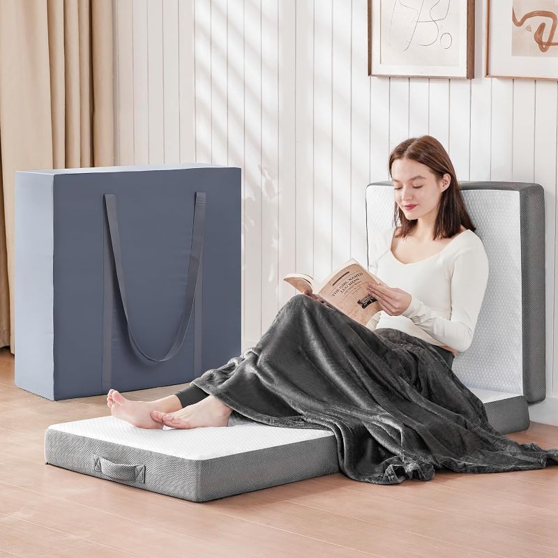 Photo 1 of 
Roll over image to zoom in







Yojoker Foldable Mattress, 4 Inch Folding Mattress Twin with Soft Blanket, Tri-Fold Memory Foam Mattress with Cover, Fold up Mattress for Floor for Yoga and Sofa Bed, Single 75"x25"x4"