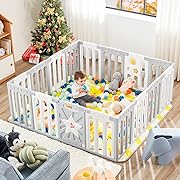 Photo 1 of Coolever Baby Playpen, Safety Baby Gate Playpen for Babies and Toddlers Sturdy and Immovable Baby Fence Play Area Activity Center Portable Design for Indoor Outdoor (Grey+White+Star 16 Panel)