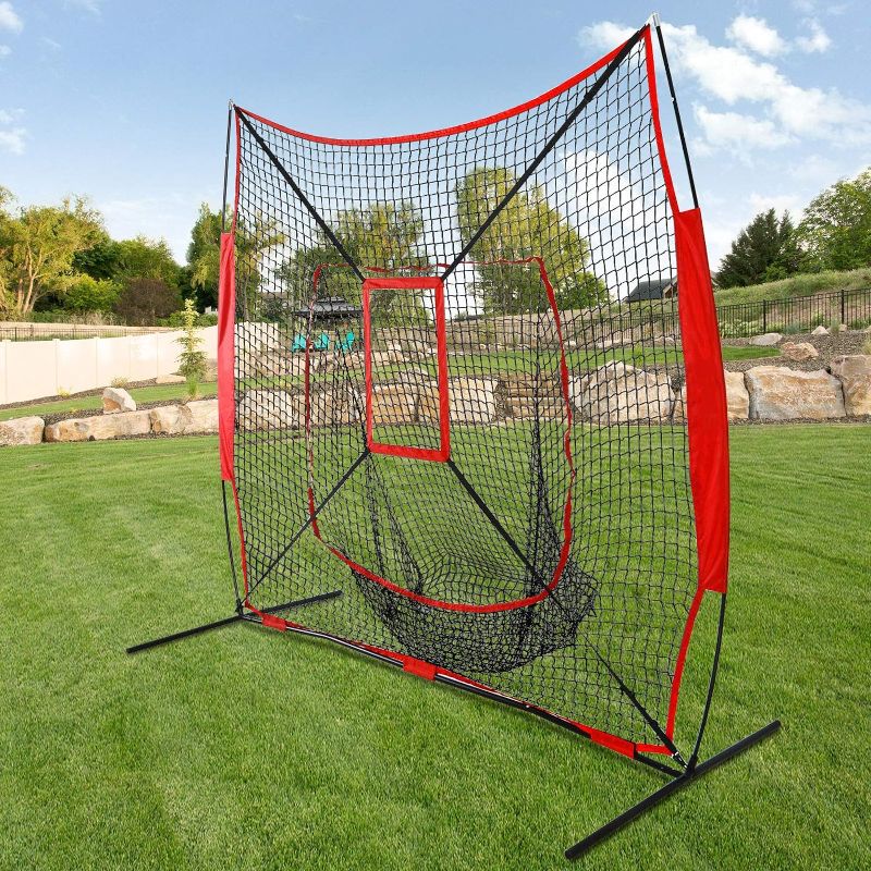 Photo 1 of 7' x 7' Baseball Softball Practice Hitting & Pitching Practice Net Batting Pitching Training Aid Net w/Carry Bag, Strike Zone and Metal Bow...
