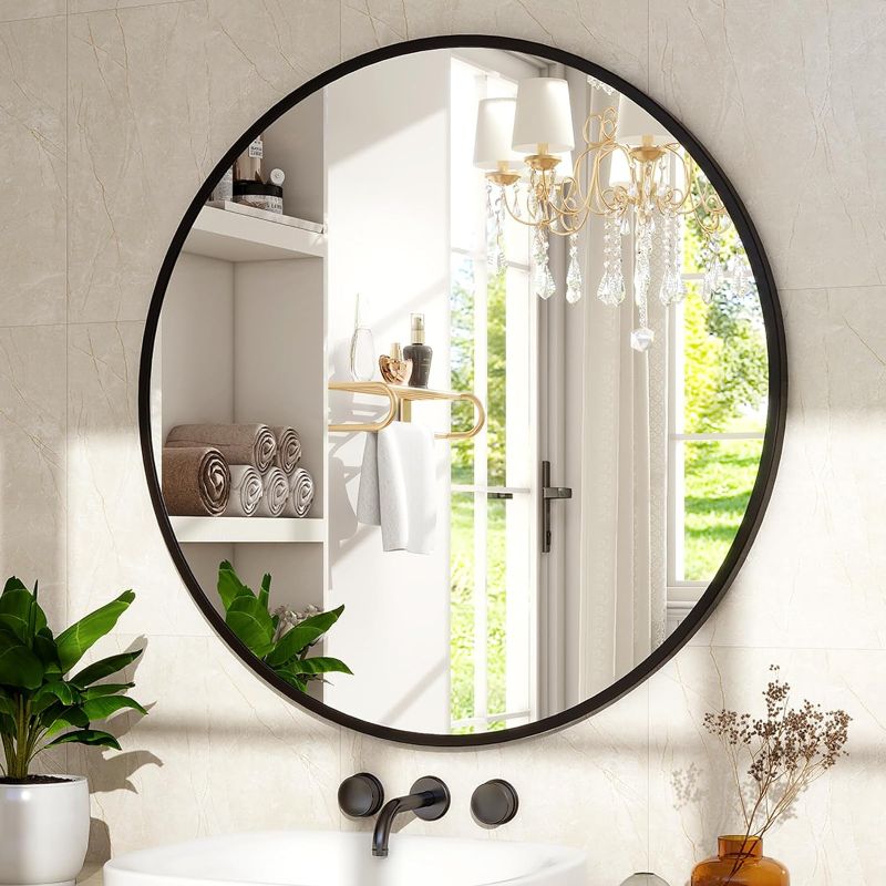 Photo 1 of 20 in. W x 20 in. H Round Aluminum Alloy Framed Black Wall Mirror

