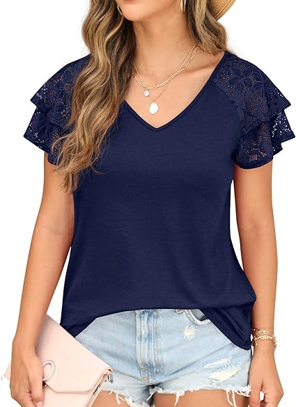 Photo 1 of Summer Tops Double Lace Sleeve Shirts for Women V Neck Loose Casual Tee Tunics
